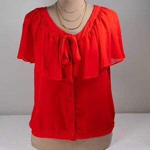 Forever 21 Sheer Red Ruffle Button Tie Front Top